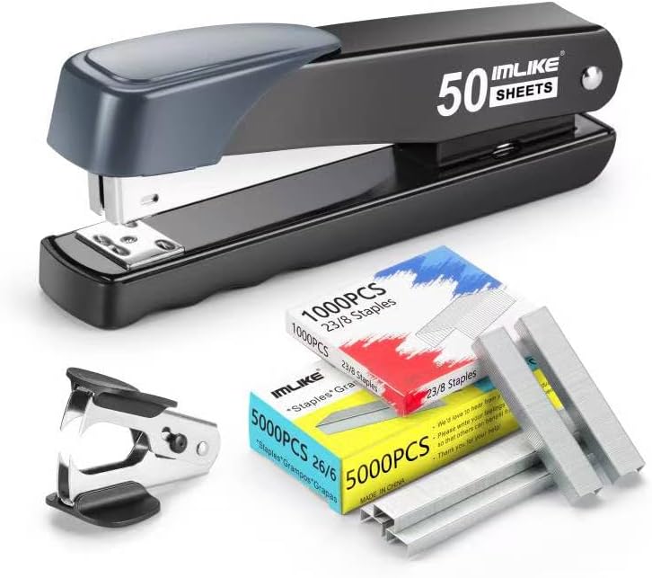 IMLIKE Metal Stapler Heavy Duty 50 Sheet Capacity, Full Strip Staplers for Desk with 6000 Staples and Staple Remover,No Jam, Non-Slip for Office & Classroom, Black - Image 1